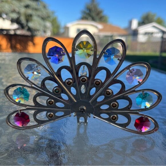 Silver Plated Peacock Figurine With Multicolored Swarovski Crystals Ornament - Picture 7 of 10